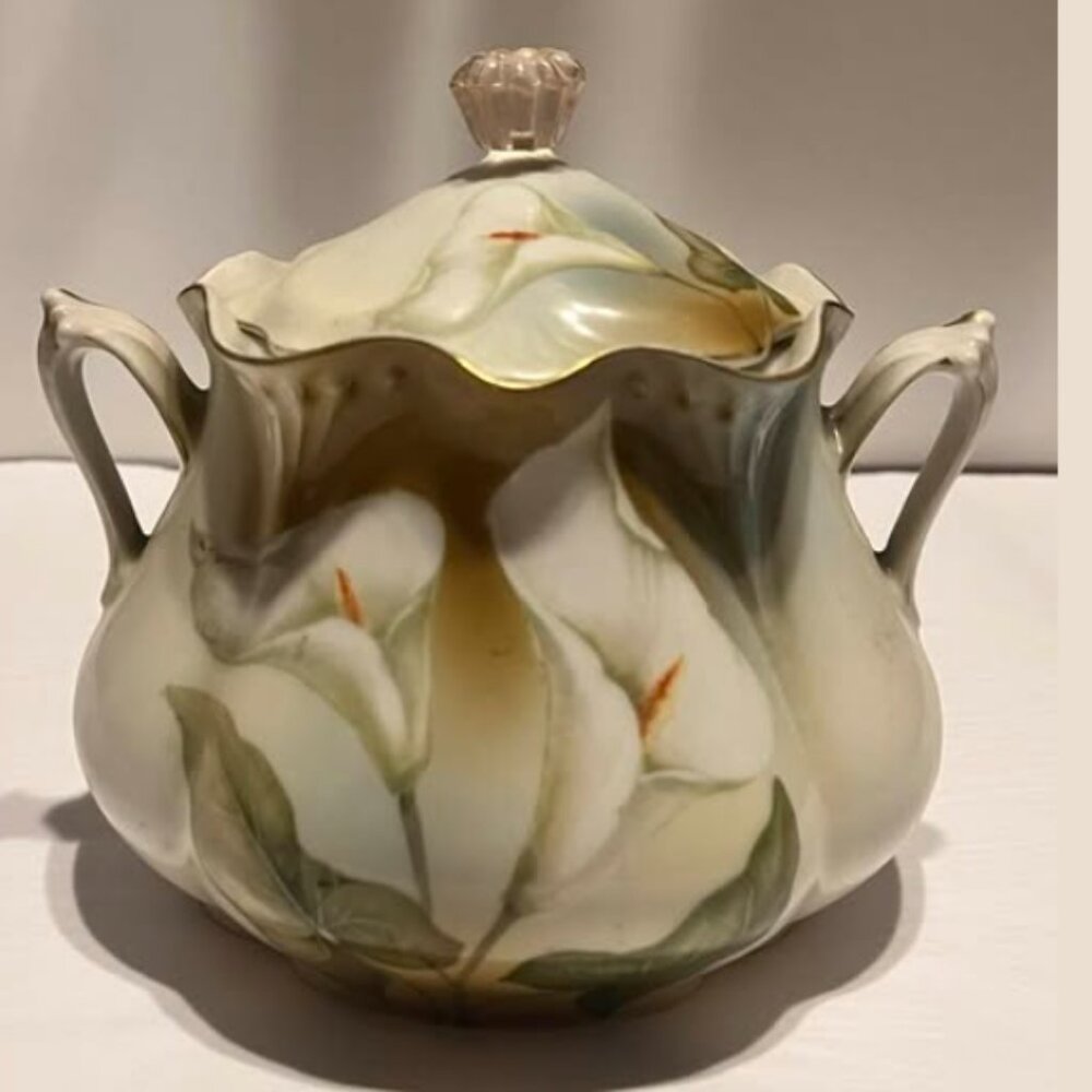 RS Germany Cracker Jar. Hand Painted Calla Lily. Double Handle. Chipped. A1